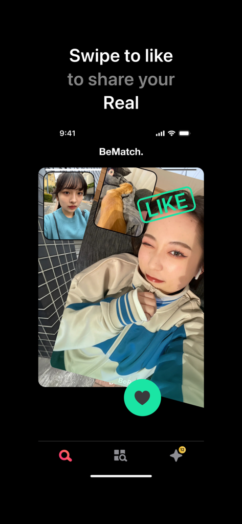 BeMatch 앱 화면, BeReal에서 새로운 친구와 연결하기 위한 '좋아요' 스와이프 기능 표시