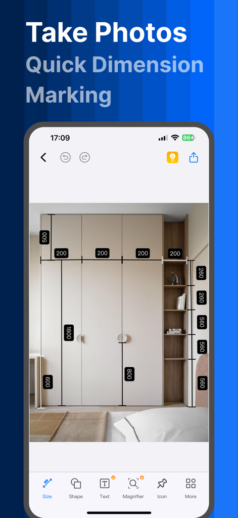 MarkMaster-image meter measure - MarkMaster app interface showing dimension lines and measurements on a photo of a built-in wardrobe