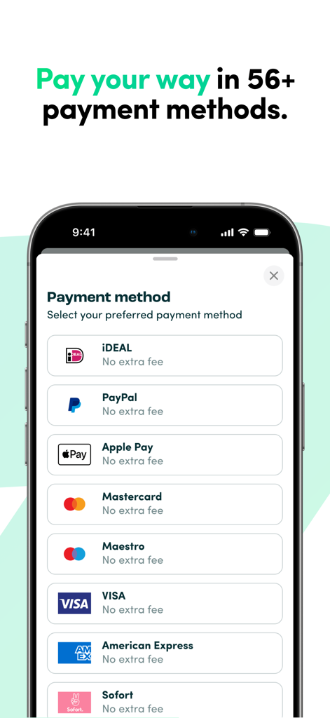 Recharge.com: Mobile top up - Mobile app screen showing various payment methods including PayPal, Apple Pay, and credit cards with no extra fees.