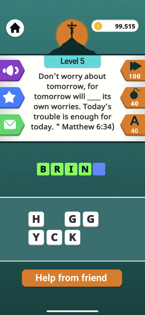 Bible Word Puzzle Games - Gameplay screen of a Bible word puzzle game showing a scripture verse from Matthew with a fill in the blank challenge