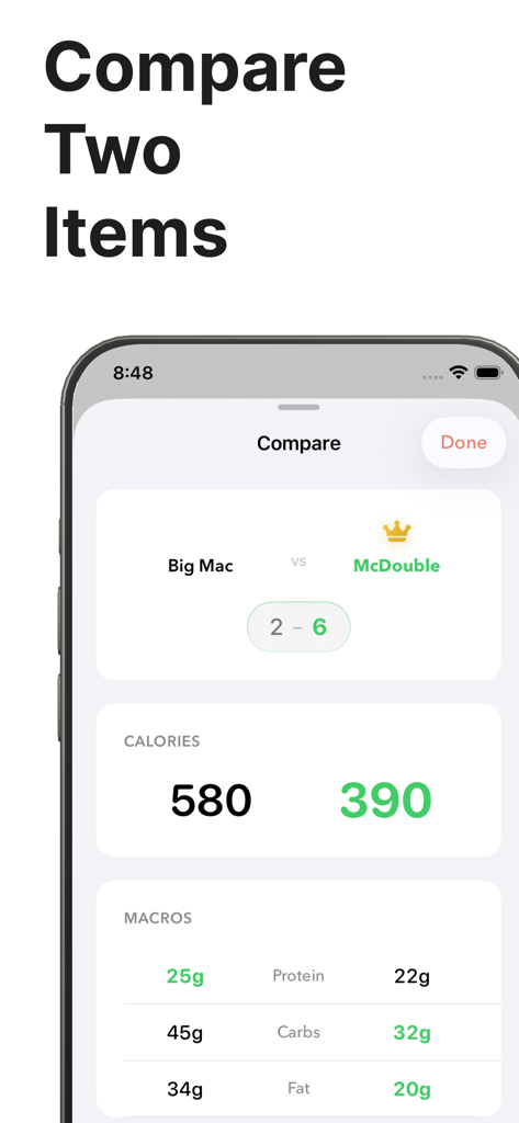 Cheat Day - Eat Out Smarter - アプリインターフェース内の2つのファストフードメニューアイテムのカロリーとマクロ栄養素の並列比較