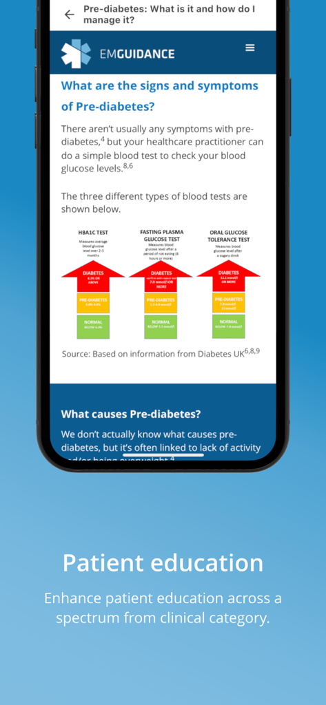 EMGuidance app screen showing patient education materials for pre-diabetes including blood test result charts.