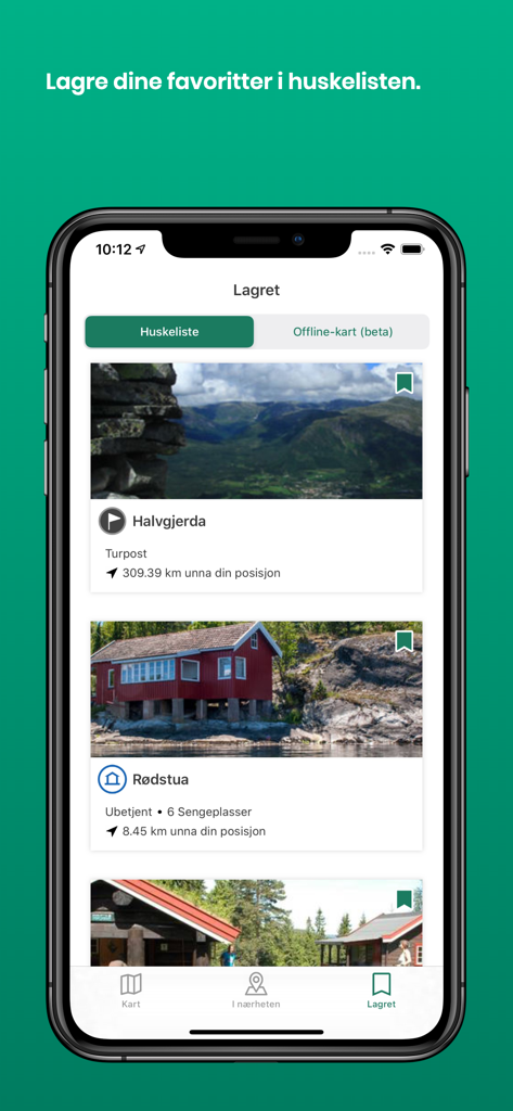 UT.no app showing a list of saved hiking trails and mountain cabins in Norway.