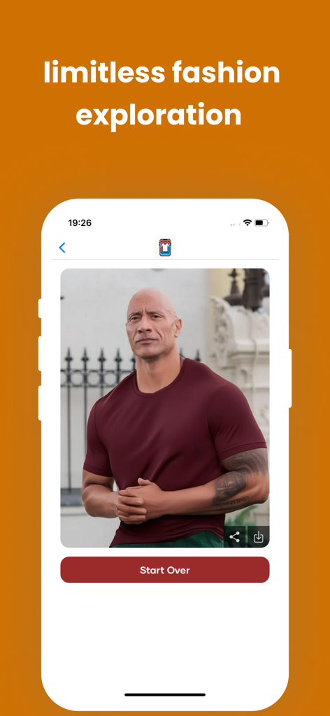 AI Clothes Try-On: DressTry - Interfaz de la aplicación DressTry que muestra el resultado de una prueba con IA de un hombre con una camisa granate