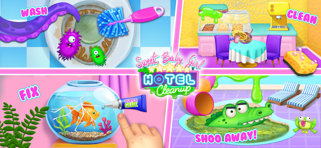 Sweet Baby Girl Hotel Cleanup - Captura de pantalla del juego Sweet Baby Girl Hotel Cleanup que muestra minijuegos de limpieza, lavado y reparación