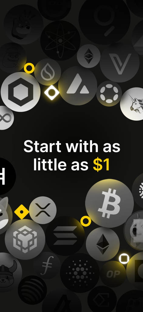 Binance.US: Buy Bitcoin & ETH - Binance US App-Bildschirm mit verschiedenen Krypto-Logos und dem Text "Beginnen Sie mit einem Dollar"