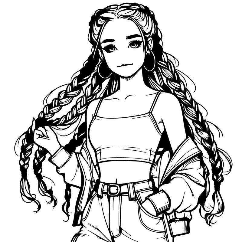 realistic teenage girl in braids with a crop top and cargo jeans