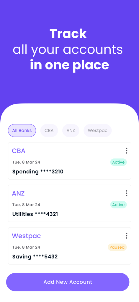 Billroo: Budget & Finance - Billroo mobile app interface showing multiple connected bank accounts in one place