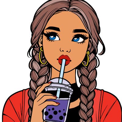 realistic girl with braided hair drinking boba