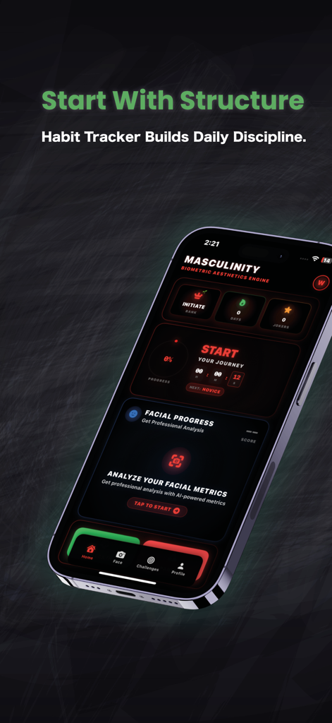 Masculinity - Scan Your Face - Smartphone screen showing the Masculinity app habit tracker and AI facial metrics dashboard with a dark masculine theme.