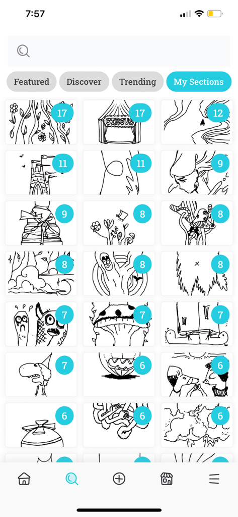 DrawnTogether - A grid display of various black and white line drawings and doodles in the My Sections tab of the DrawnTogether app
