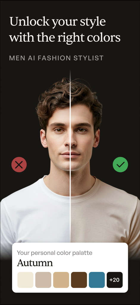 Color analysis - Daily Male - Modelo masculino mostrando una comparación de colores con una recomendación de paleta de otoño de una aplicación de estilista de moda con IA.