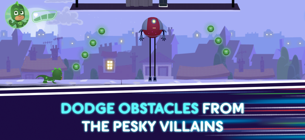 Gekko esquivando a un robot villano en el juego PJ Masks Moonlight Heroes