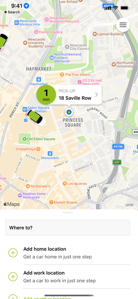 Nearby Taxis. - Nearby Taxis app map showing pickup location and destination search bar