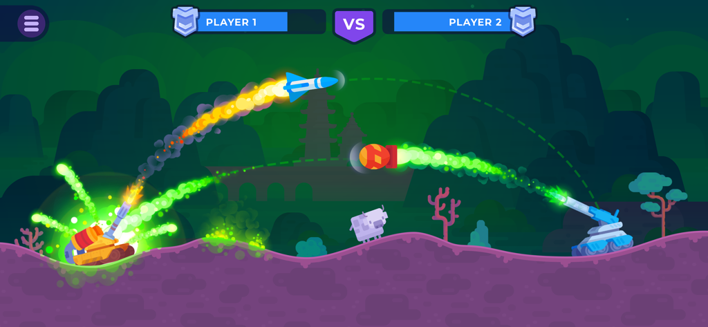 Tank Stars - 2Dバトルアリーナで2台の戦車が互いにミサイルと爆弾を発射し、カラフルな爆発を起こしている様子