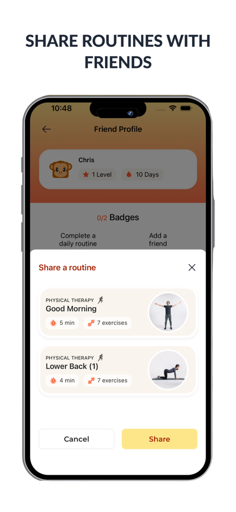 Stretch Reminder AI & Pilates - Interface of the Stretch Reminder app showing the option to share physical therapy routines with friends