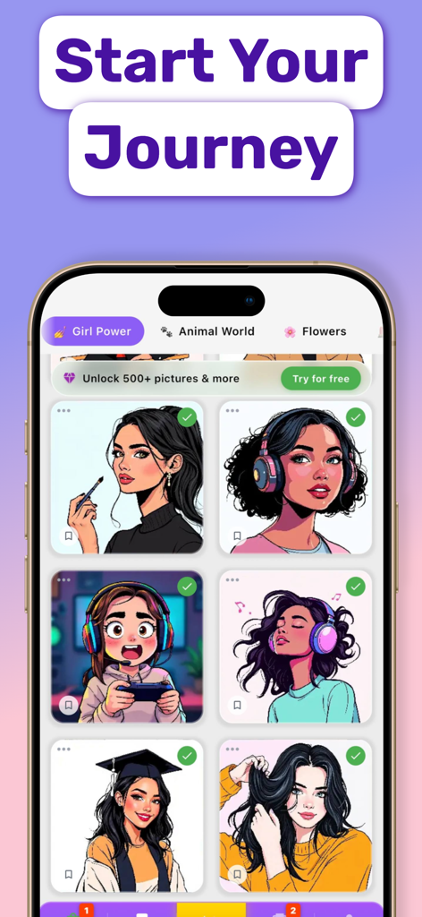 NumColor AI - Coloring Games - Tela de smartphone mostrando uma galeria de páginas de colorir de personagens sob a categoria Girl Power no aplicativo NumColor AI.