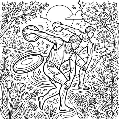 Dive into the dynamic world of athletics amidst the beauty of spring with this engaging coloring page. Capture the energy of discus throwers surrounded by blooming flowers and a vibrant outdoor scene.