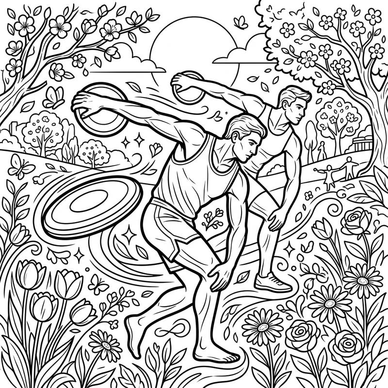 Dive into the dynamic world of athletics amidst the beauty of spring with this engaging coloring page. Capture the energy of discus throwers surrounded by blooming flowers and a vibrant outdoor scene.