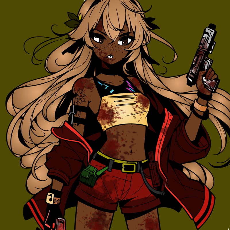 bad girl wearing crop top holding a gun long hair anime