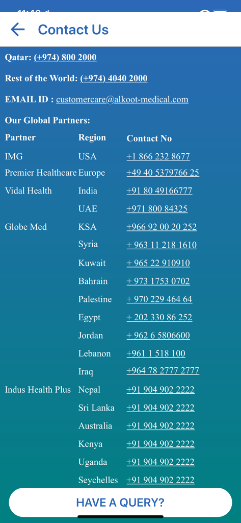 Alkoot Global Care contact us screen showing customer support email and a list of global partner contact numbers by region