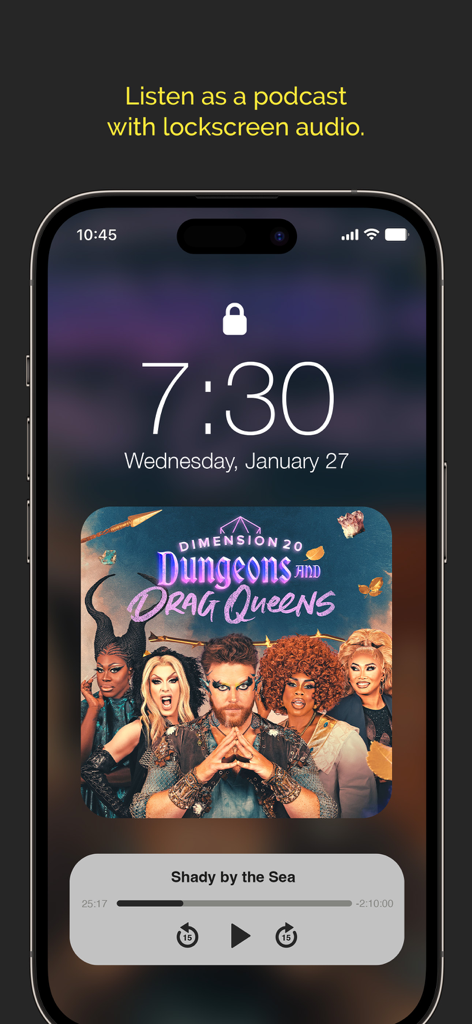 Dropout - iPhone lockscreen displaying the Dropout app audio player featuring Dimension 20 Dungeons and Drag Queens