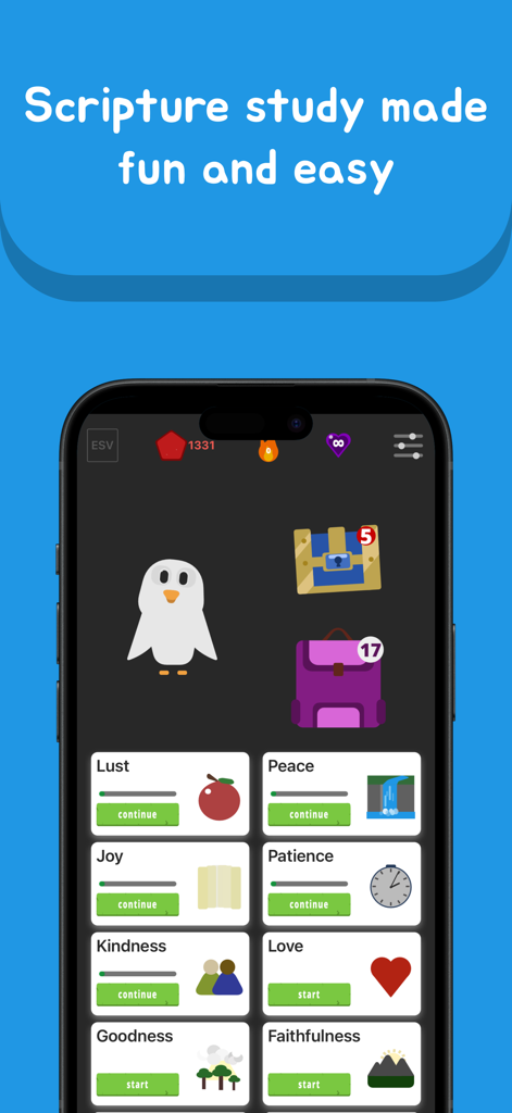 Werd - Scripture Study - Dashboard dell'app Werd Scripture Study che mostra percorsi di studio biblico gamificati e barre di progresso