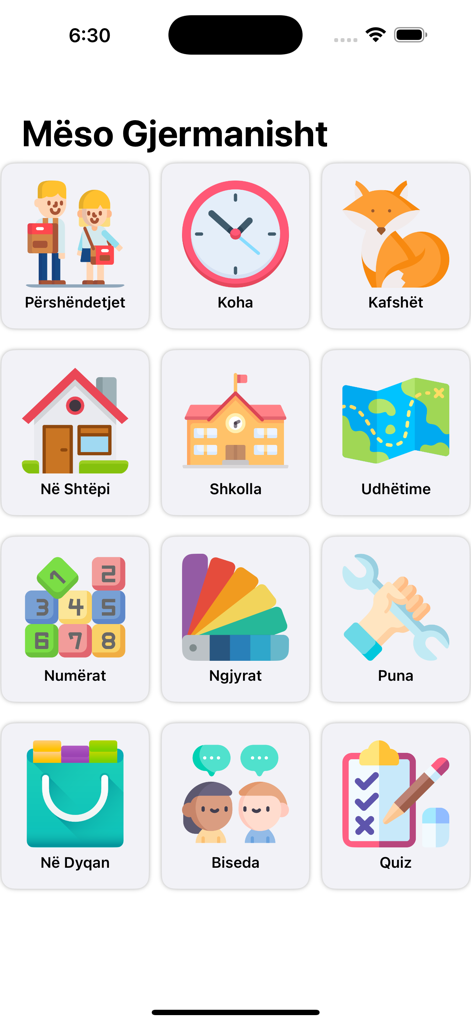 Meso Gjermanisht 2026 - Interface do aplicativo Meso Gjermanisht mostrando categorias de aprendizado de idiomas, incluindo saudações, hora, animais e trabalho