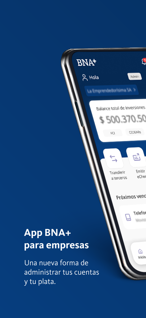 Interfaz de la aplicación de banca empresarial BNA plus Empresas en un smartphone mostrando el saldo de la cuenta y herramientas de gestión financiera