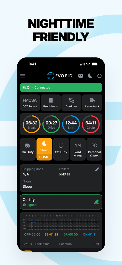 Panel de la aplicación móvil EVO ELD en modo oscuro que presenta una interfaz amigable para la noche con seguimiento de horas de servicio