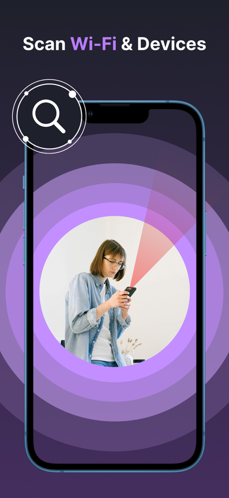 Bug Detector - Pro Scanner - Interfaz de la aplicación Bug Detector mostrando la función de escaneo de wifi y dispositivos con una mujer sosteniendo un smartphone