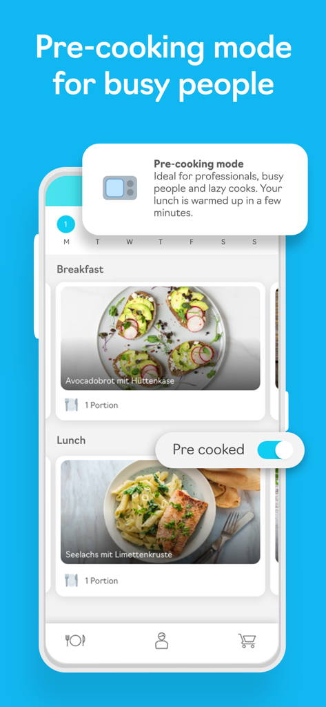 FoodPal - Diet Plan - FoodPal app interface highlighting the pre-cooking mode for busy professionals with recipe suggestions for breakfast and lunch