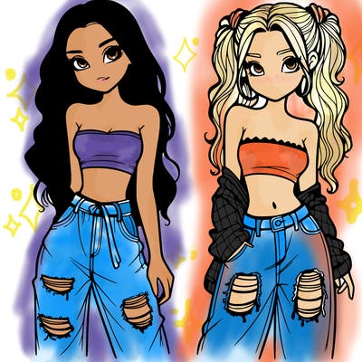 2 girls in crop tops and baggy jeans ripped