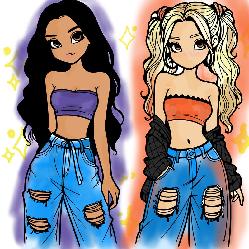 2 girls in crop tops and baggy jeans ripped