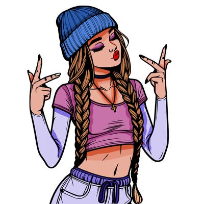 realistic teenage girl with braids and a beanie and crop top doing 🫶🏼
