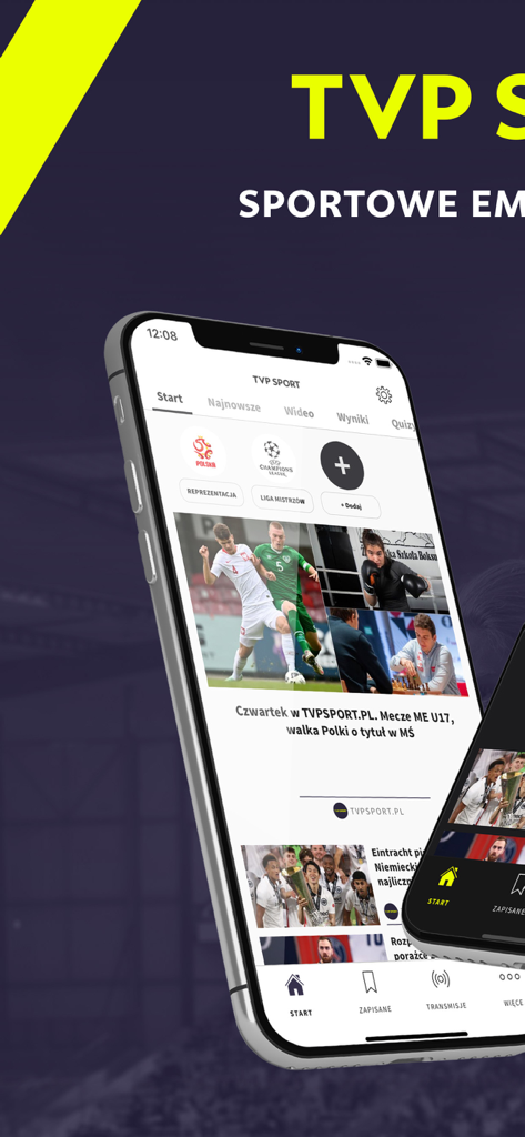 TVP Sport mobile app screen showing sports news and live match updates