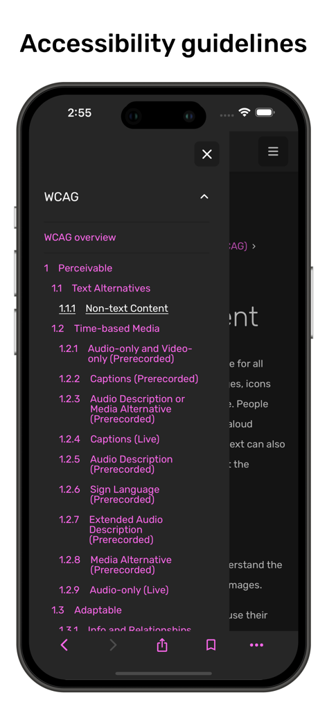 Appt - App accessibility - Pantalla de la app Appt que muestra una lista de directrices de accesibilidad WCAG