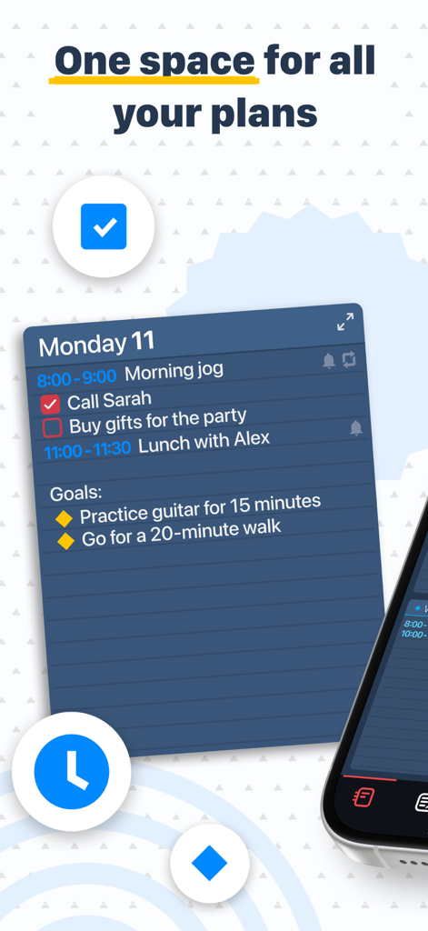 Planner: Daily, Weekly Diary - Daily planner app interface showing a Monday schedule with task lists and goal tracking.