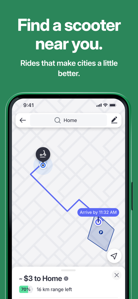 Hopp: Get a Ride - Hopp app screen showing a map with a scooter route to a home destination and price estimate