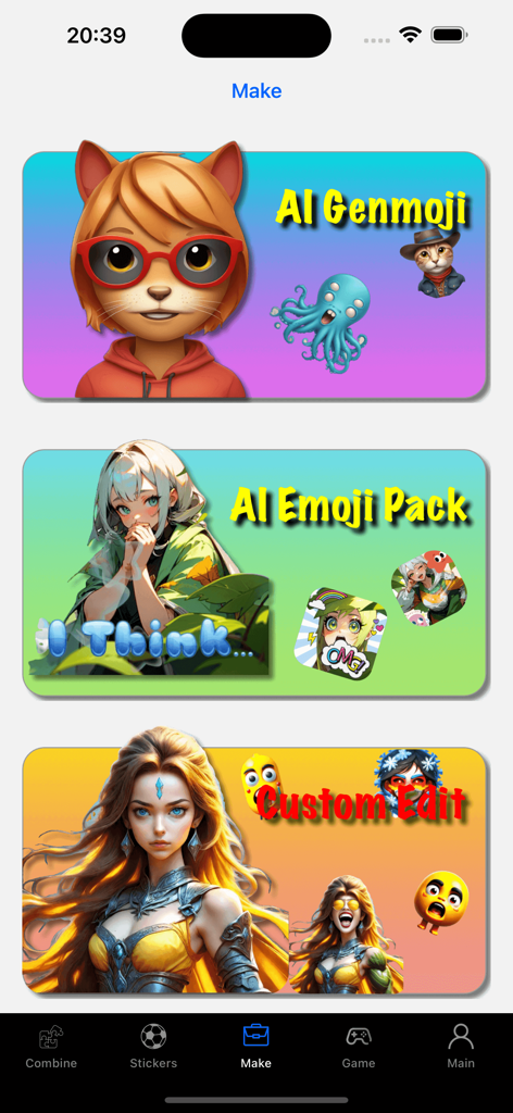 Interface of StickerMaker Keyboard showing AI Genmoji, AI Emoji Pack, and Custom Edit features.