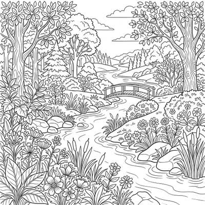 Dive into a tranquil natural setting with this intricate full-scene coloring page featuring picturesque river banks. Discover a captivating landscape complete with flowing water, lush foliage, and a charming little bridge, all waiting for your creative touch.