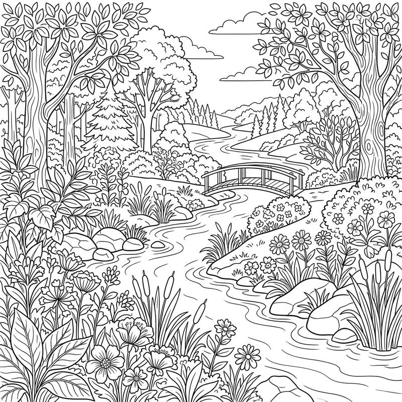 Dive into a tranquil natural setting with this intricate full-scene coloring page featuring picturesque river banks. Discover a captivating landscape complete with flowing water, lush foliage, and a charming little bridge, all waiting for your creative touch.