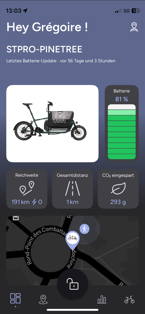 Muli app dashboard showing e-bike battery status, range statistics, and GPS location map