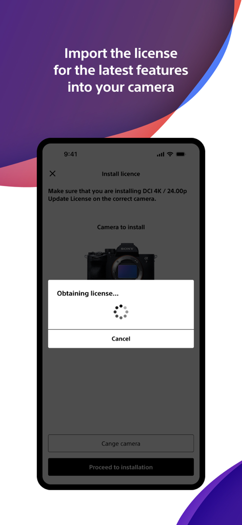 Smartphone screen showing the Sony Creators App importing a camera license for new features