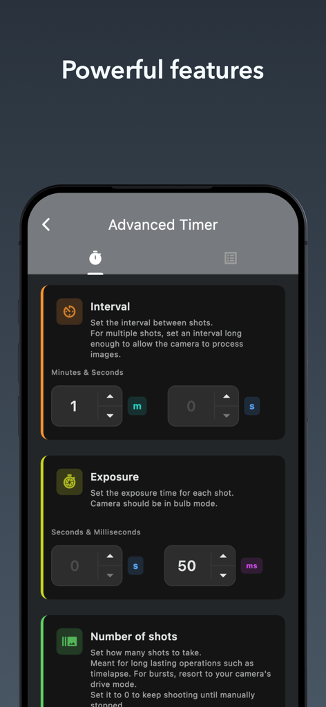 BT Cam: DSLR Mirrorless remote - 인터벌 노출 및 촬영 횟수에 대한 고급 타이머 설정을 표시하는 BT Cam 앱 인터페이스