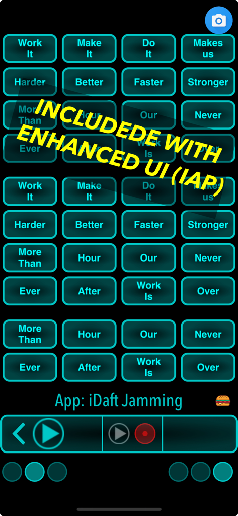 iDaft Jamming music soundboard interface with lyric buttons for Harder Better Faster Stronger