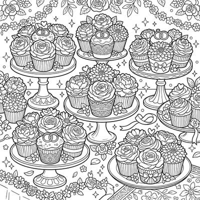 Immerse yourself in the joy of a wedding celebration with this delightful coloring page featuring beautifully arranged cupcake bouquets. Each intricate detail captures the sweetness and romance of a special day, inviting you to add your personal touch.