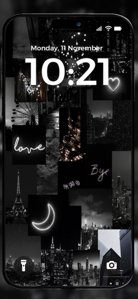 Schermata di blocco dello smartphone che mostra un collage di immagini estetiche scure, inclusi paesaggi urbani e insegne al neon