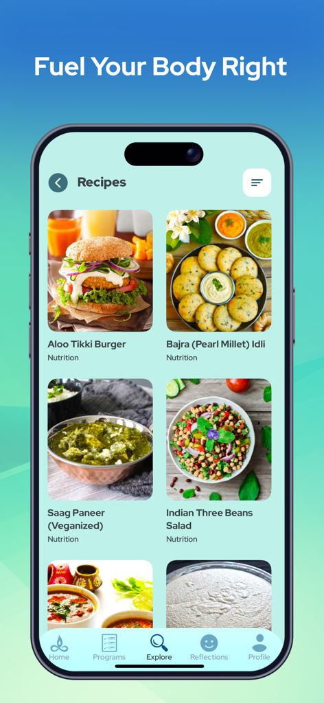 Innergy app nutrition screen featuring healthy recipes and meal ideas