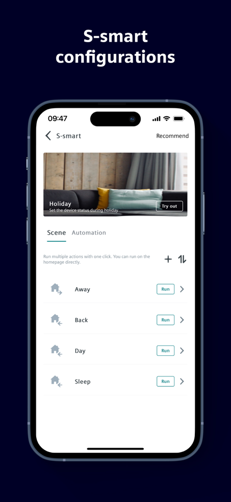 Siemens Connected Home - Siemens Connected Home app interface showing smart home scenes and automation configurations